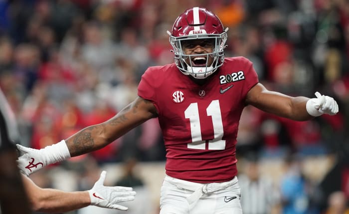 Alabama wide receiver Traeshon Holden (11) celebrates after Alabama scored a touchdown against Georgia during the 2022 CFP college football national championship game at Lucas Oil Stadium.